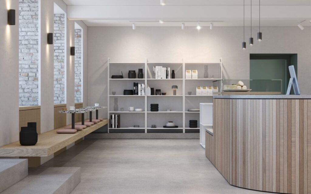 Interior 3D rendering of the Resi Bar seating space, with warm decor, natural light and concrete floors