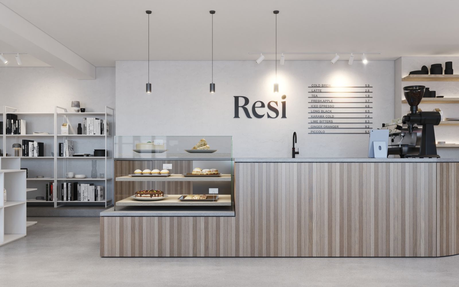 Interior 3D rendering of the Resi Bar wooden counter that is lit with many small lights and has a bookcase next to it