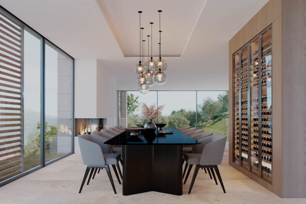 Interior 3D rendering of the Single house dining room designed with a black table in the middle of the space, a lot of windows and grey chairs
