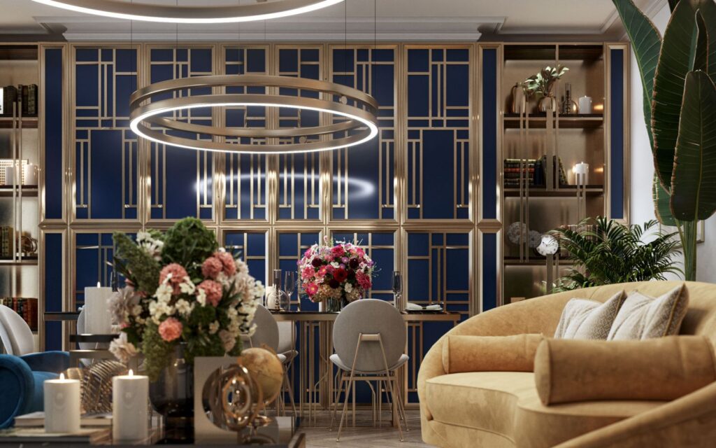 Interior 3D rendering of the Luxury apartment elegant living room and dining room with blue walls and gold decorations