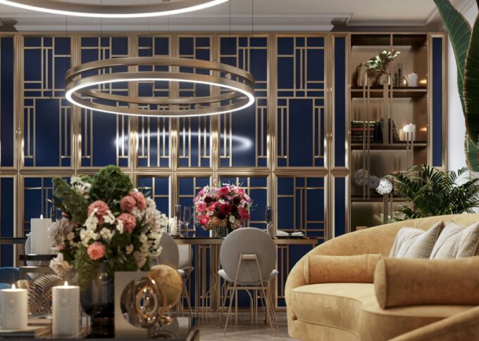Interior 3D rendering of the Luxury apartment elegant living room and dining room with blue walls and gold decorations