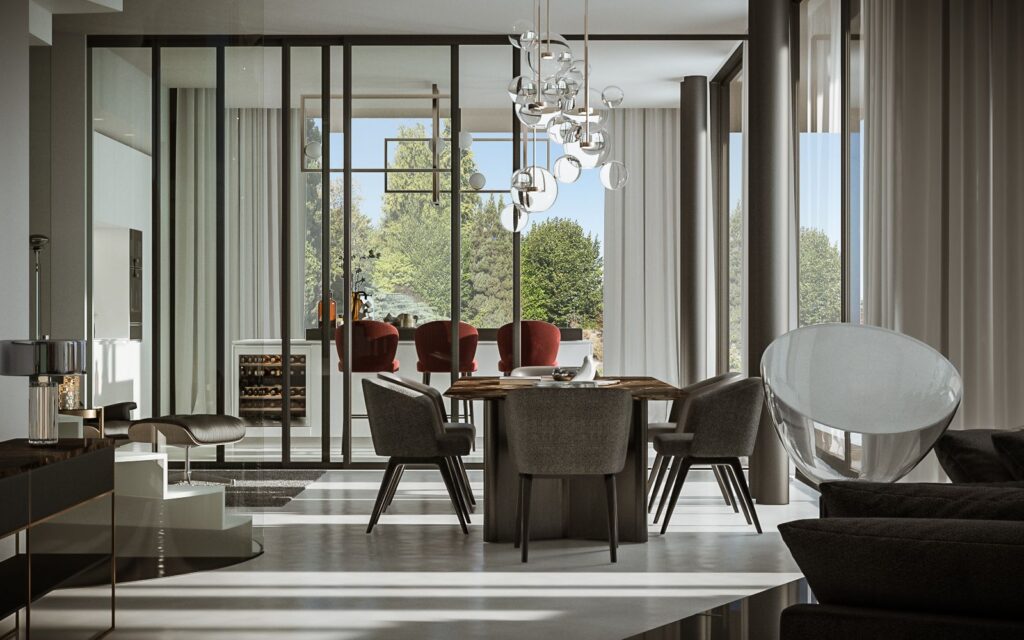 Interior 3D rendering of the Villa modern dining room that is divided from the kitchen by a glass door that allows natural light to enter