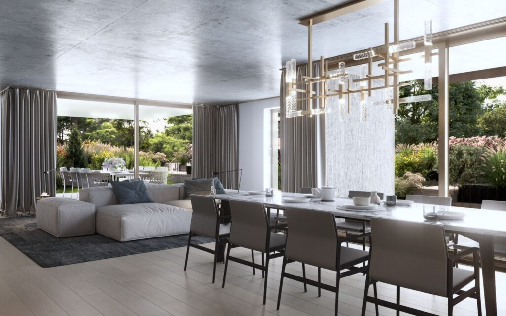 Interior 3D rendering of the Quartier Sonnental open-concept dining room with a minimalist style, natural light, neutral-colored furniture, and a very original ceiling lamp over the table.