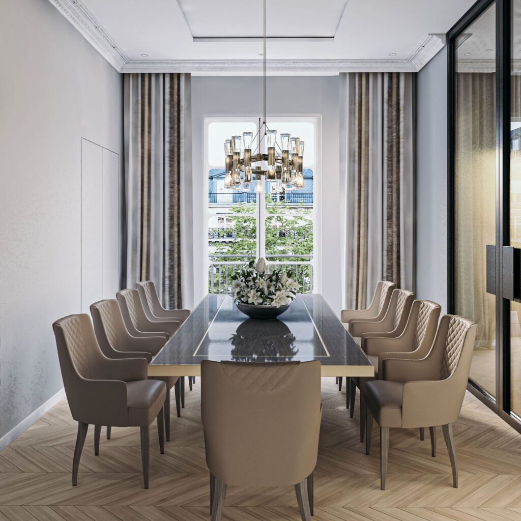 Interior 3D rendering of the George Mandel dining room with lots of light, white upholstered chairs and glass doors