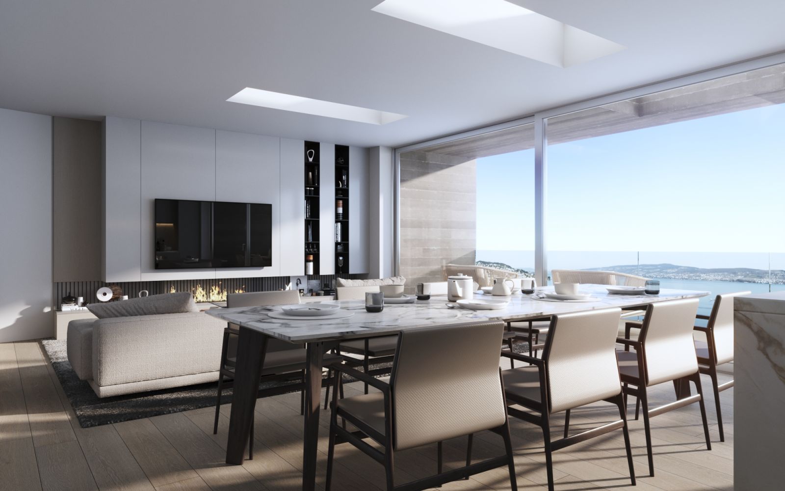 Interior 3D rendering of the San Nazzaro open-concept dining room with light-colored and dark-wood furniture and large windows