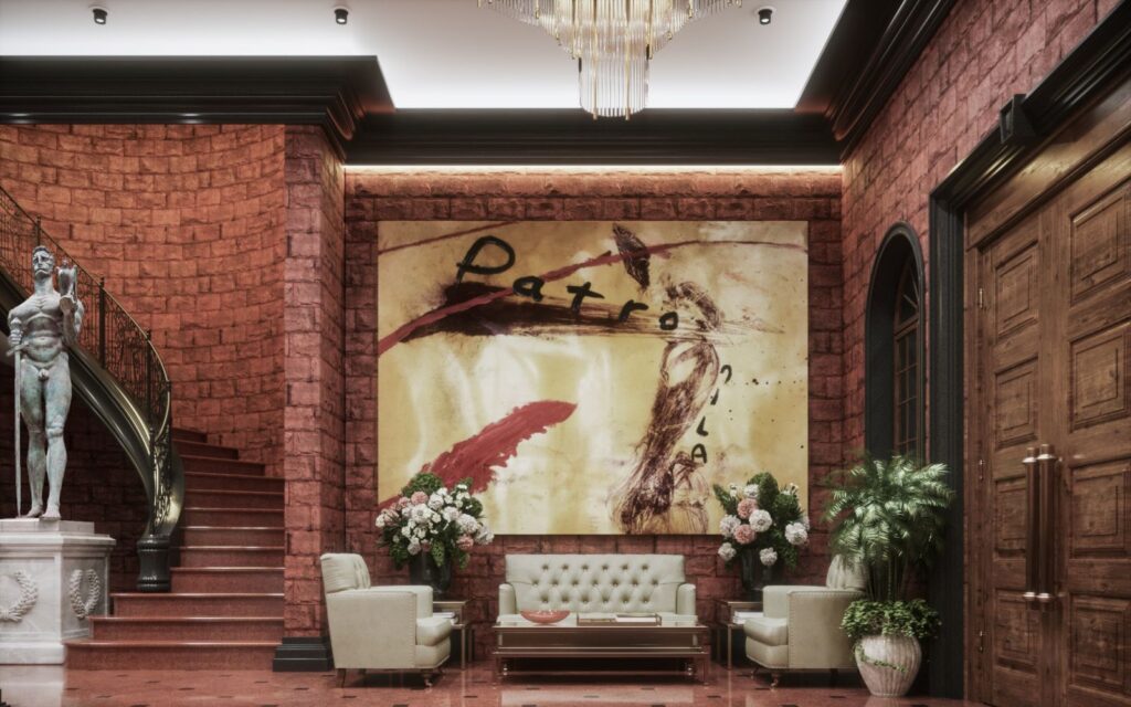 Interior 3D rendering of the Multy family building entrance with exposed brick walls, a large armchair, and a spiral staircase