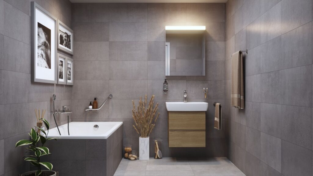 Interior 3D rendering of the Bathrooms Magenta modern bathroom with walls, ceiling and floor of the same gray material, good lighting and plants