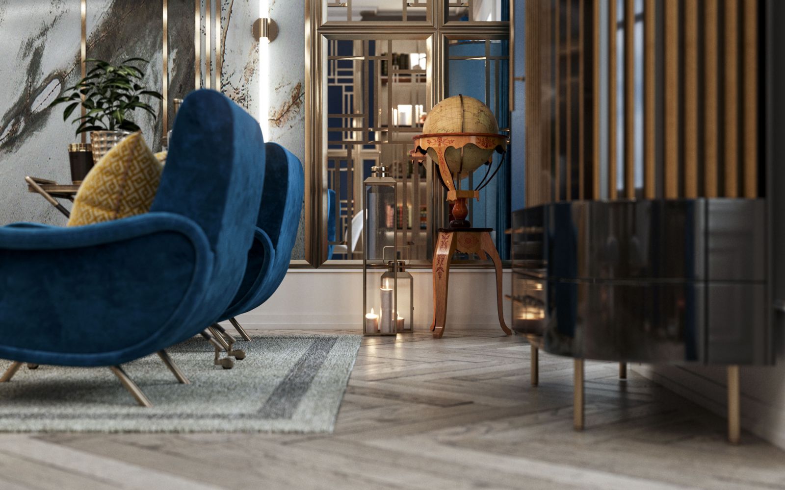 Interior 3D rendering of the Luxury apartment living room with blue armchairs and wooden floors