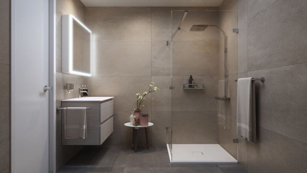 Interior 3D rendering of the Bathrooms Magenta modern bathroom, with a mirror that has light, glass screen and clean finishes