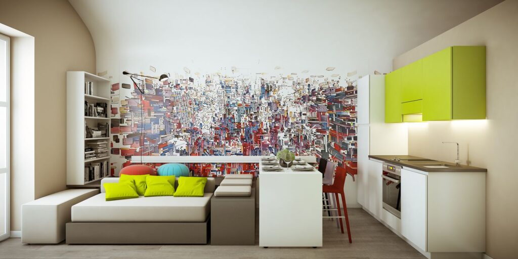 3D rendering of the living and dining room, unified by movable furniture, bold colors, and a mural on the main wall