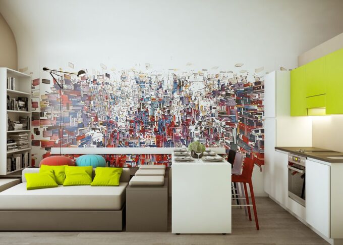 3D rendering of the living and dining room, unified by movable furniture, bold colors, and a mural on the main wall