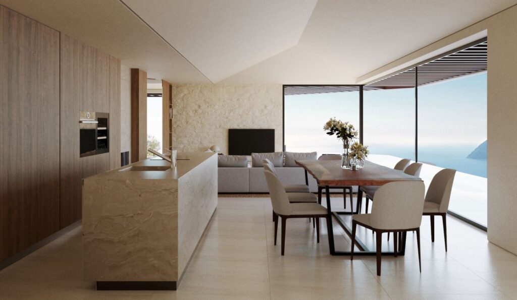 3D-Innenansicht der offenen Küche und des Esszimmers in zwei Häusern, dekoriert mit dunklem Holz und warmen Farben an den Wänden