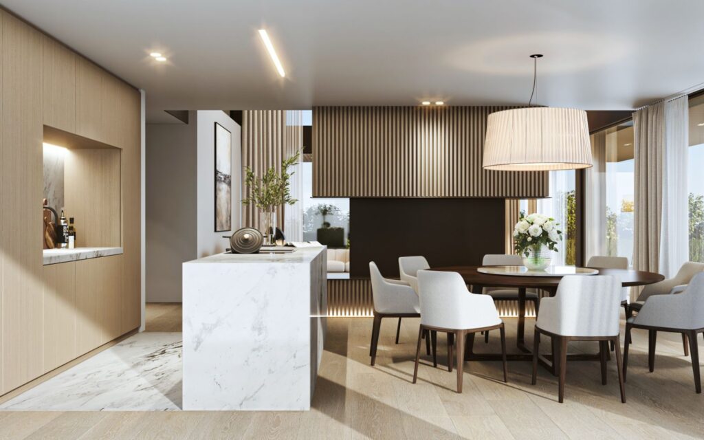 3D-Innenansicht der offenen Wohnküche der Casa Agretto mit moderner Trennwand zum Wohnzimmer und Holzmöbeln mit weißer Polsterung