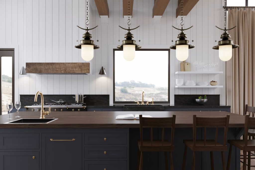 Interior 3D rendering of the Sula kitchen with minimalist style, white walls and natural light