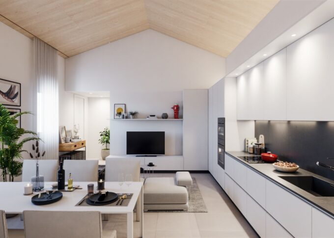Interior 3D rendering of the Casa Pietrosa modern kitchen, dining room and living room, with ceramic floors and white furniture