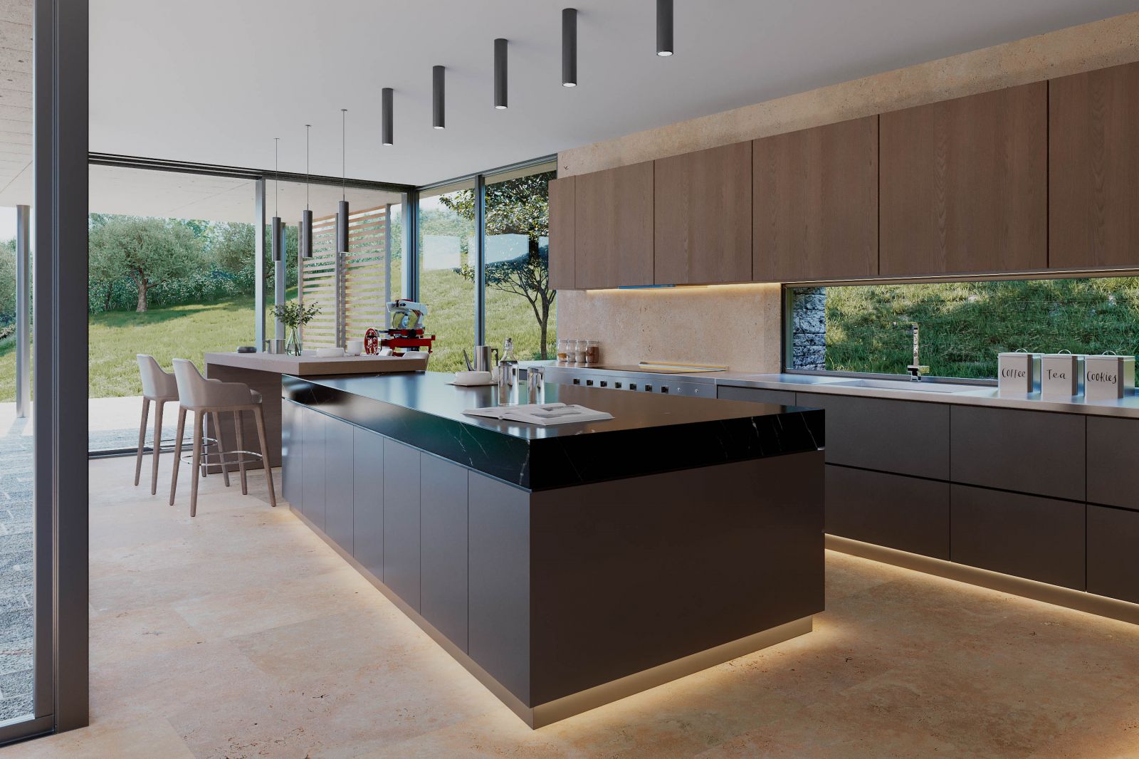 Interior 3D rendering of the Single house kitchen decorated with lights under the furniture and wooden pantry