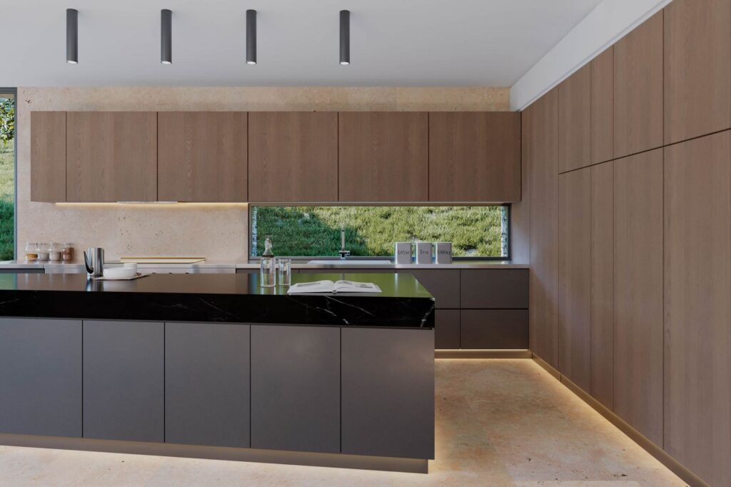 Interior 3D rendering of the Single house kitchen designed with wooden furniture and a natural light