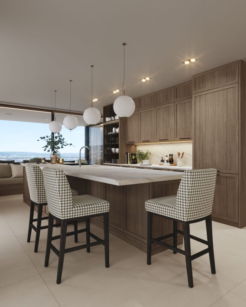 Interior 3D rendering of the Two family house kitchen with wooden cabinets, patterned upholstered chairs, a large island in the center of the room, and natural light