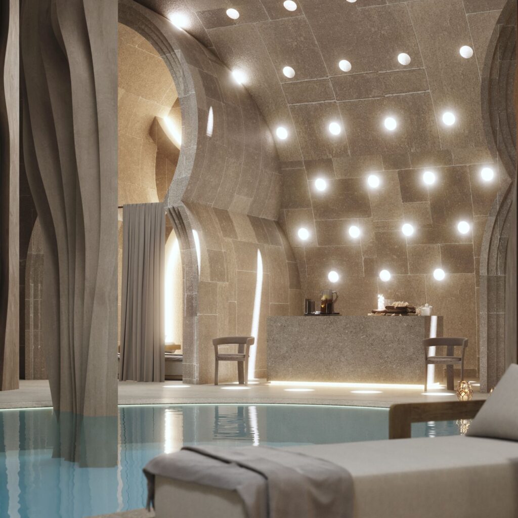 Interior 3D rendering of the Spa in Doha with small lights built into the wall to generate a warm atmosphere and a bar