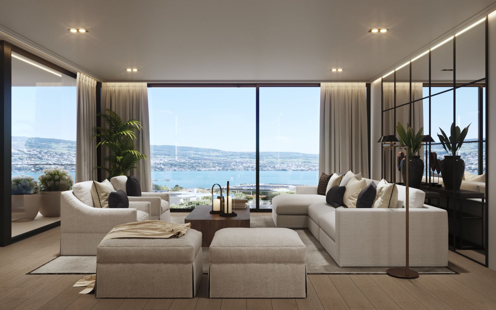 Interior 3D rendering of the Two family house living room with a minimalist yet modern style, lots of natural light, white furniture, a floor rug, and decorative plants