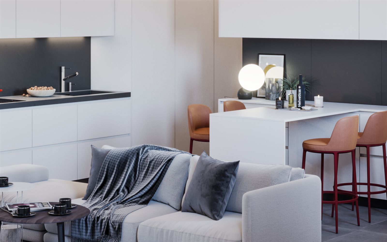 3D-Innenansicht des gemütlichen Wohnzimmers der Casa Pietrosa mit grauen Sesseln und orangefarbenen Stühlen, die hervorstechen