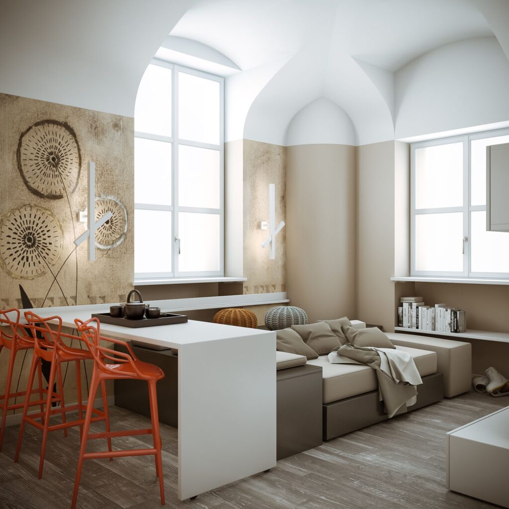 3D rendering of the living room and dining room united by movable furniture