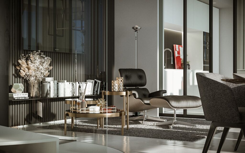 3D-Innenansicht der Villa, die sich auf die Darstellung der zur Dekoration dieses Raumes ausgewählten Möbel konzentriert, wie z. B. einen goldenen Tisch voller Ornamente und einen schwarzen Ledersessel