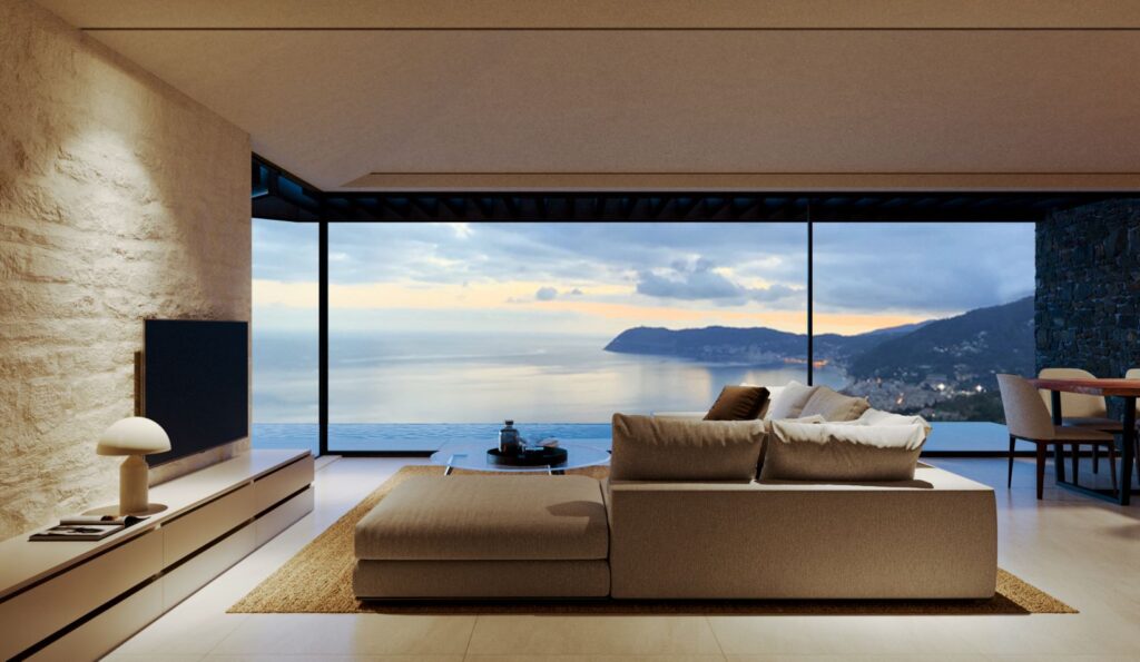 3D-Innendarstellung des Wohnzimmers in zwei Häusern im minimalistischen Stil, mit strukturierten Wänden und großen Fenstern, um die Aussicht zu genießen