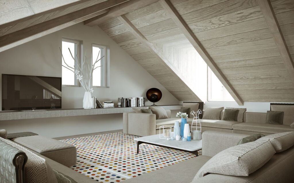 3D rendering of the living room with a light wood gabled roof, skylights, and a rug on the floor