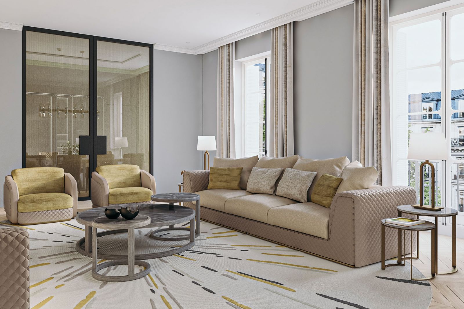 Interior 3D rendering of the George Mandel living room with natural light, glass doors leading to the dining room and yellow tones that stand out in the environment