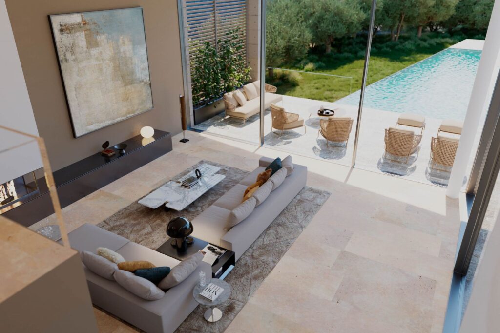 Interior 3D rendering of the Single house living room from a high vantage point, the exterior of the house is visible, featuring a pool, simple furniture, and plenty of windows