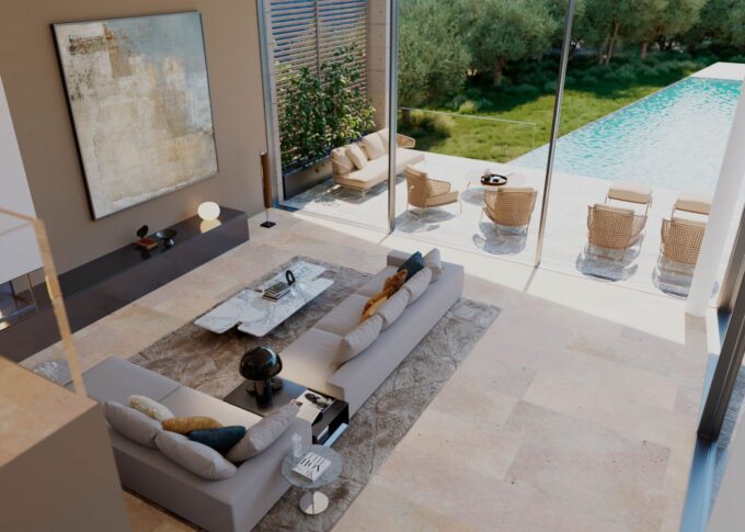 Interior 3D rendering of the Single house living room from a high vantage point, the exterior of the house is visible, featuring a pool, simple furniture, and plenty of windows
