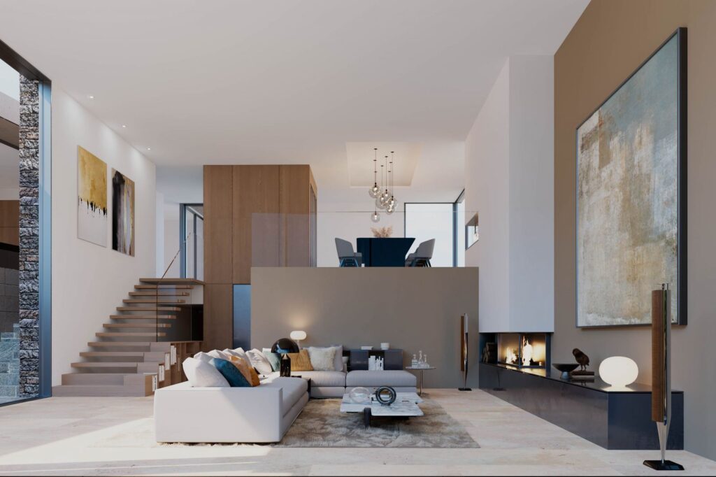 Interior 3D rendering of the living room with high ceilings, a fireplace, and a staircase leading to the dining at the Single house