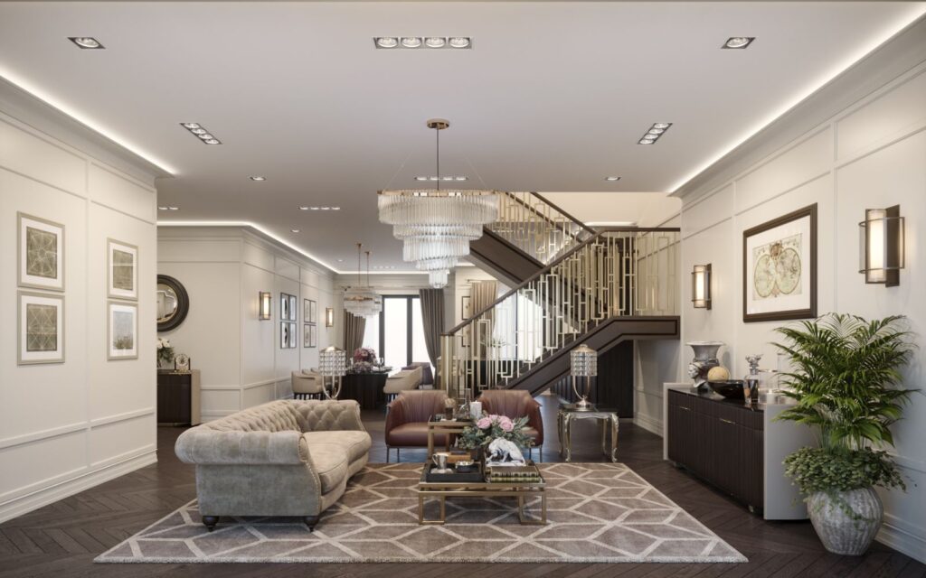 Interior 3D rendering of the Multy family building living room with dark wood floors, very good lighting, and modern furniture