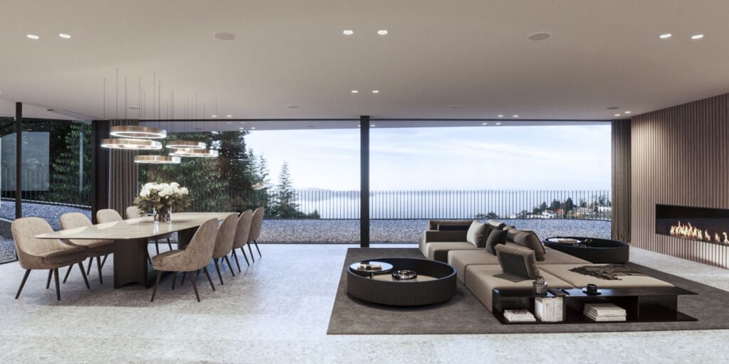 Interior 3D rendering of the Casa Gug Modern dining room and living room with a minimalist style, but without losing luxury, with a huge window and metal details in the furniture