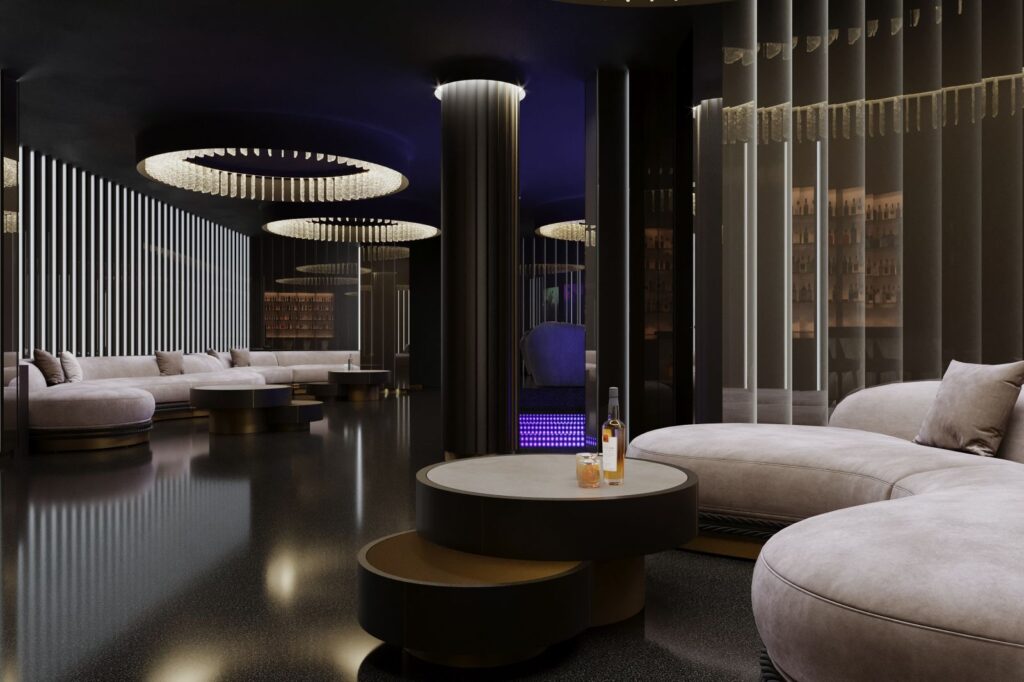 3D-Innenansicht der privaten Disco in Paris, dekoriert mit hellgrauen Sesseln, einer Tanzfläche und abgeschiedenen Bereichen