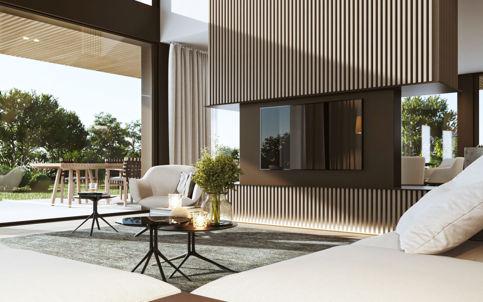 Interior 3D rendering of the Casa Agretto living room with a modern partition to the dining room