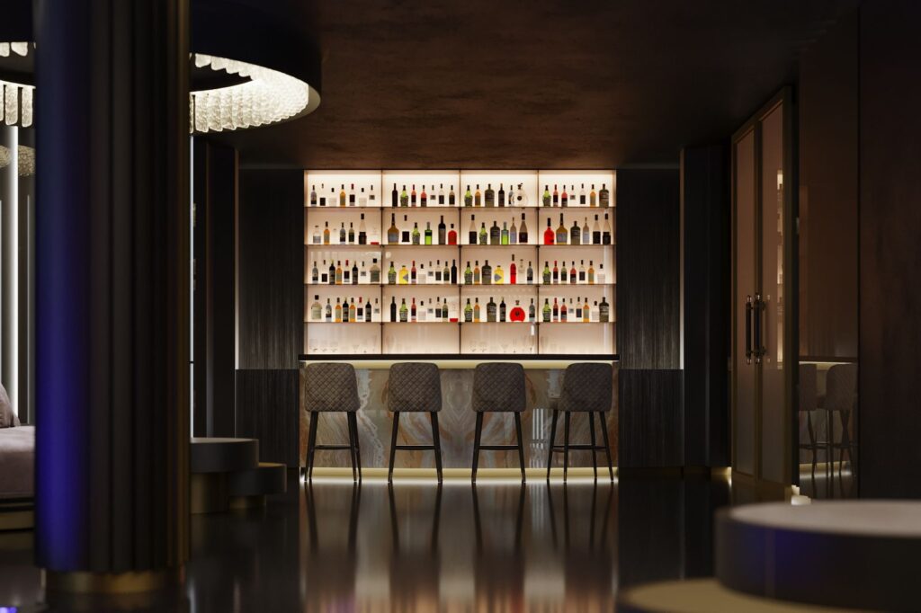 3D-Innenansicht der privaten Disco in Paris mit Marmorbar, blauer Decke und gepolsterten Hochstühlen