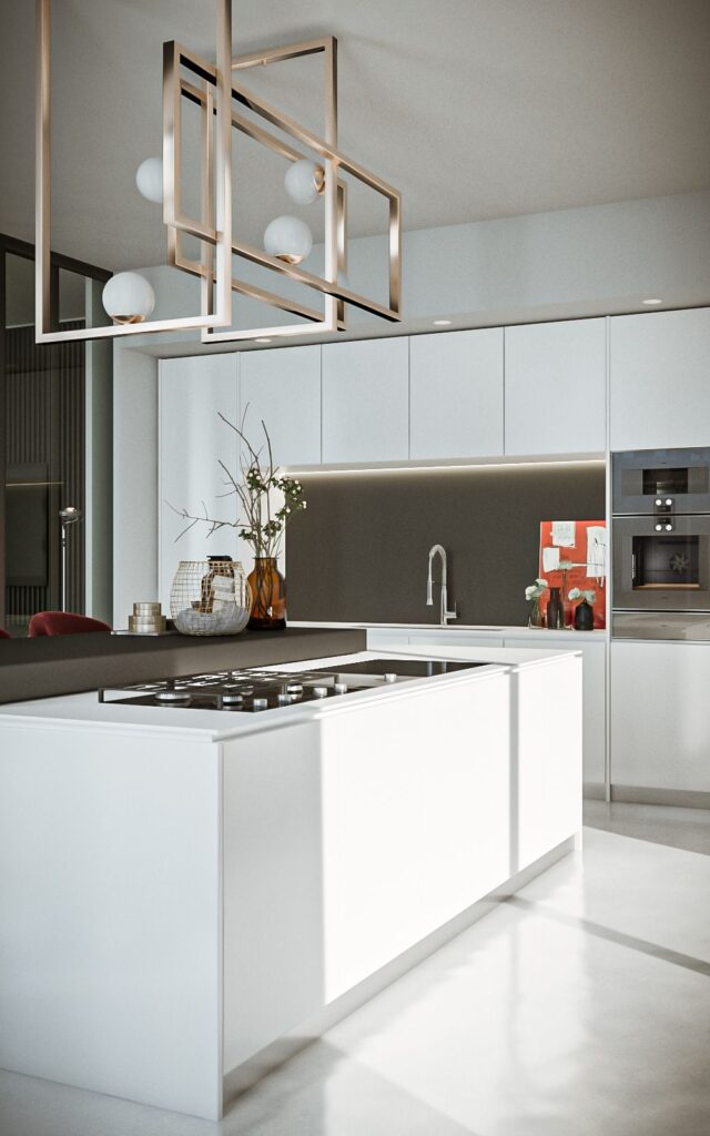 Interior 3D rendering of the Villa modern kitchen with concrete floors, white cabinets, and gold lamps hanging from the ceiling