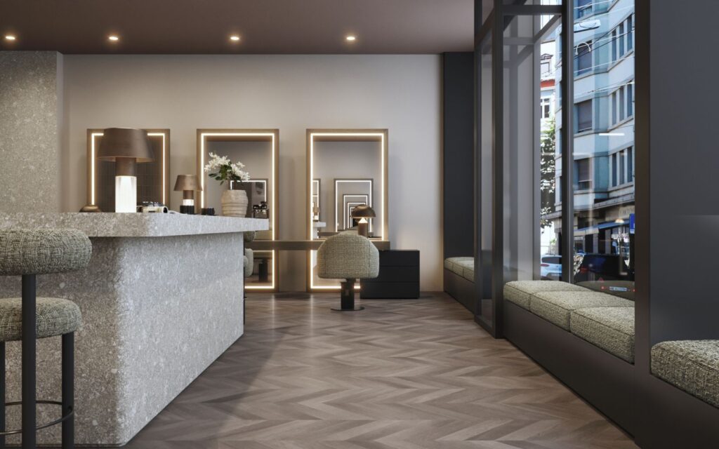 Interior 3D rendering of the Hair salon EN VOGUE designed with many windows to have plenty of natural light inside the room and modern furniture