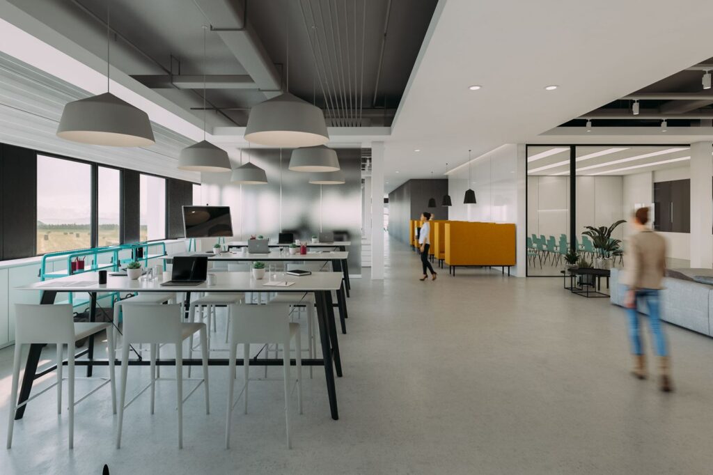 Interior 3D rendering of the Cassiopee offices with separate areas, neutral colors on the ceilings, walls and furniture, and natural light