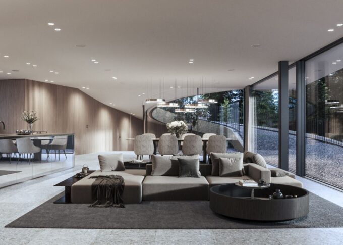 Interior 3D rendering of the Casa Gug Living room decorated with luxurious gray and metal furniture, which accompanies the modern style of the house, and you can also see the luminosity inside thanks to the large windows