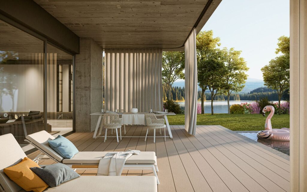 Residential 3D rendering of the Curtains floor-length, cream-colored curtains that provide privacy to an outdoor space in the house