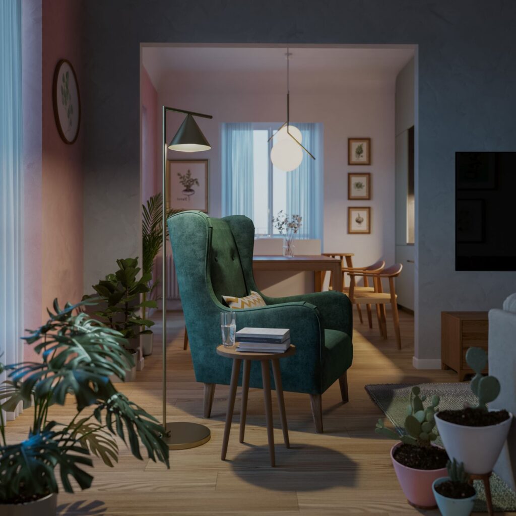 Interior 3D rendering of the Petrarca rest room, with a green armchair that stands out in the environment that is decorated with several plants
