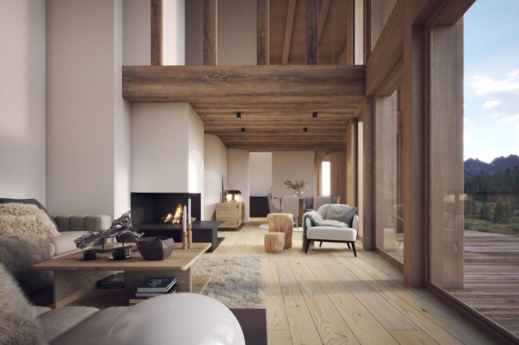 Interior 3D rendering of the Chalet living room with rustic style, high ceilings, wooden floors and lots of natural light