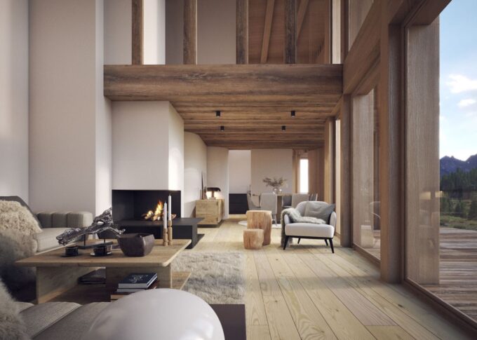 Interior 3D rendering of the Chalet living room with rustic style, high ceilings, wooden floors and lots of natural light