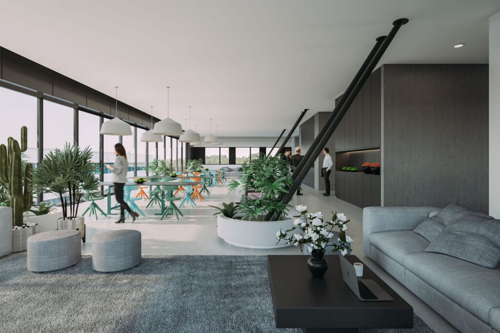 Interior 3D rendering of the Cassiopee offices with a break area, with neutral colors to rest your eyes