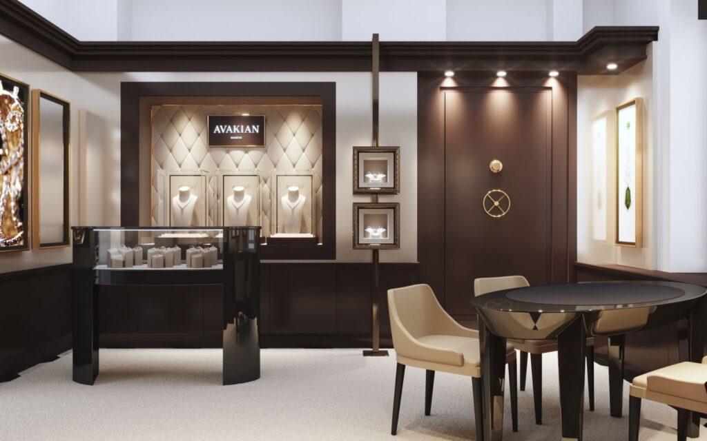 Interior 3D rendering of the Avakian elegant and luxurious jewelry store with dark furniture, well-lit display cases, and carpet on the floor