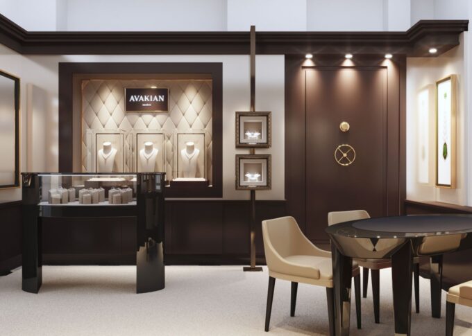 Interior 3D rendering of the Avakian elegant and luxurious jewelry store with dark furniture, well-lit display cases, and carpet on the floor