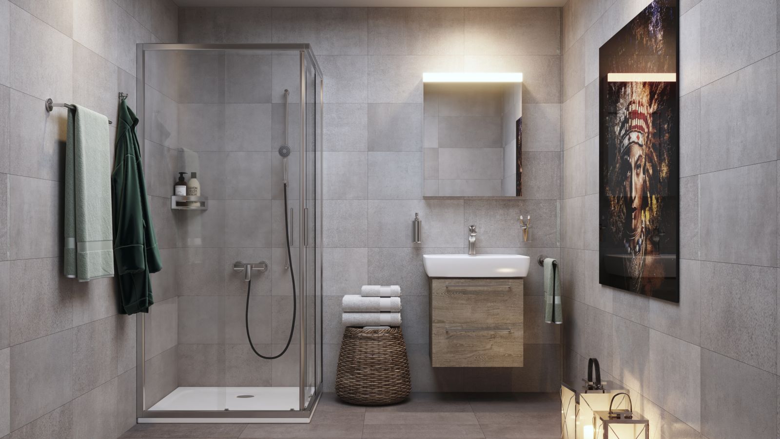 Retail 3D rendering of the Bathrooms Magenta modern modern bathroom with glass shower screen, illuminated mirror, and gray walls